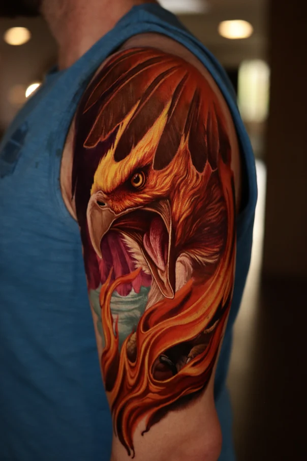 Realism Phoenix, Fire tattoo on Shoulder