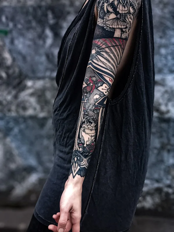 black and grey illustrative 纹身 在 full sleeve #82179 | 纹身师 Olaf Kaminskiy