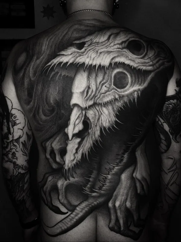 male black and grey blackwork 纹身 在 full back #82194 | 纹身师 Deni Aktemirov