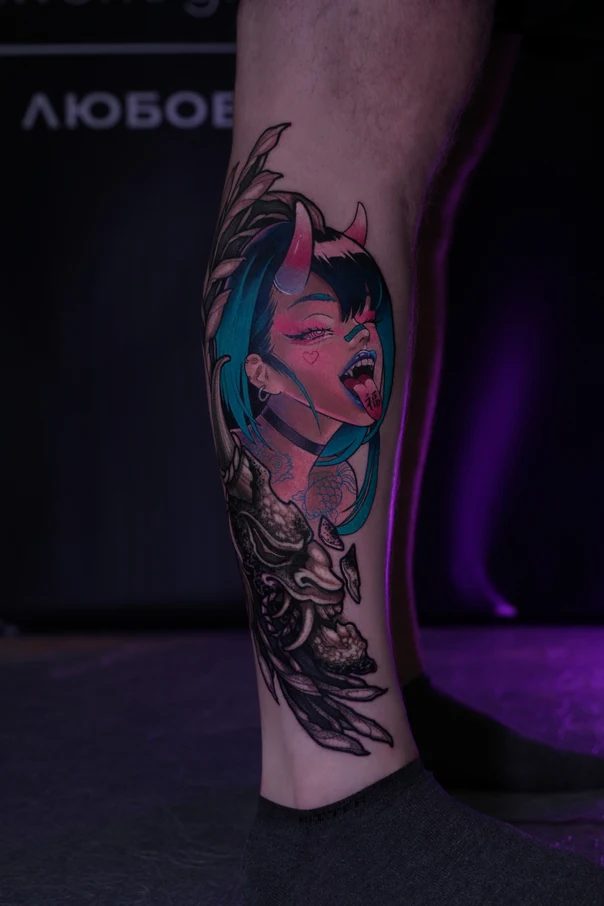 Anime Demon, Woman tattoo on Calf