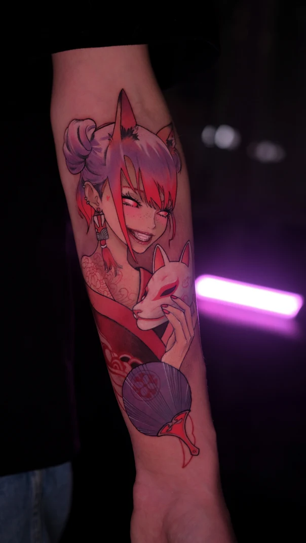 Anime Kitsune, Woman tattoo on Forearm