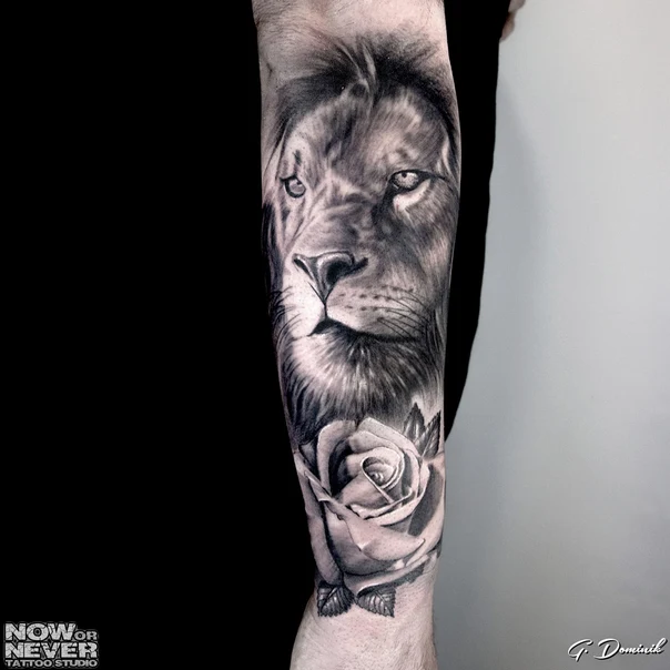 Realism Lion, Rose tattoo on Forearm