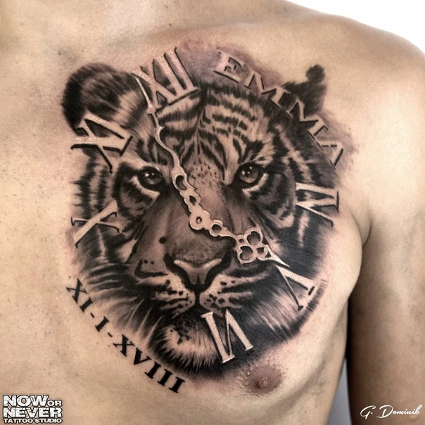 Realism Tiger, Clock tattoo on Chest