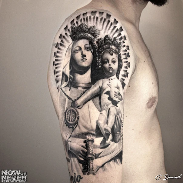 Realism Religious, Portrait tattoo on Upper Arm