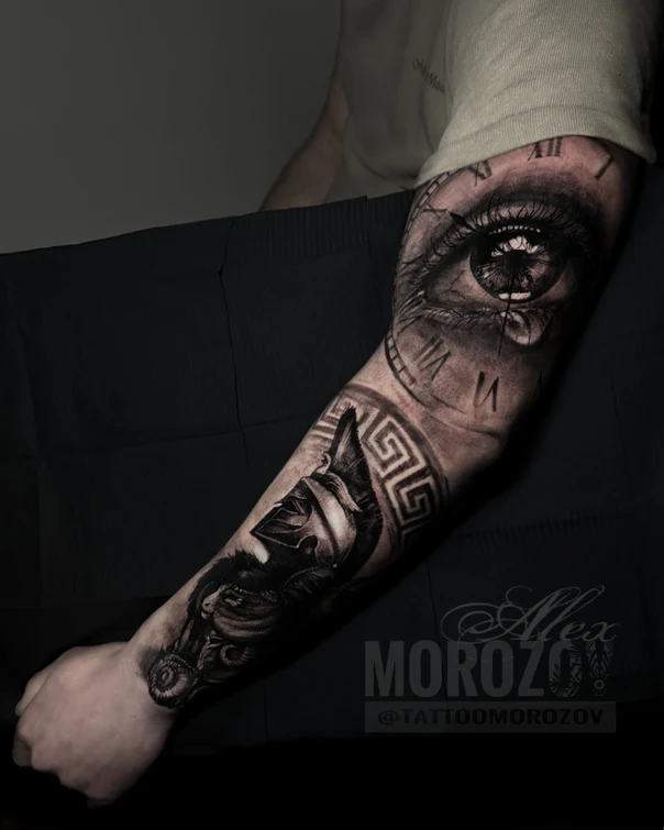 Realism Eye, Clock tattoo on Full Sleeve