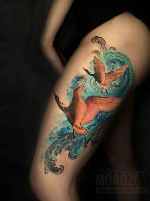 female color watercolor tattoo auf thigh #82461 | Tätowierer Alex Morozov