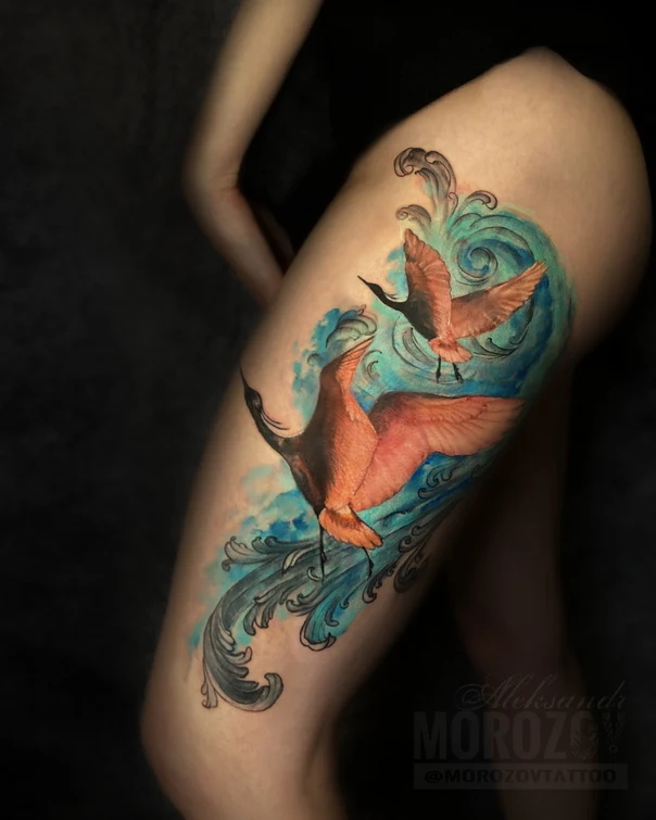 Watercolor Birds, Waves tattoo on Thigh