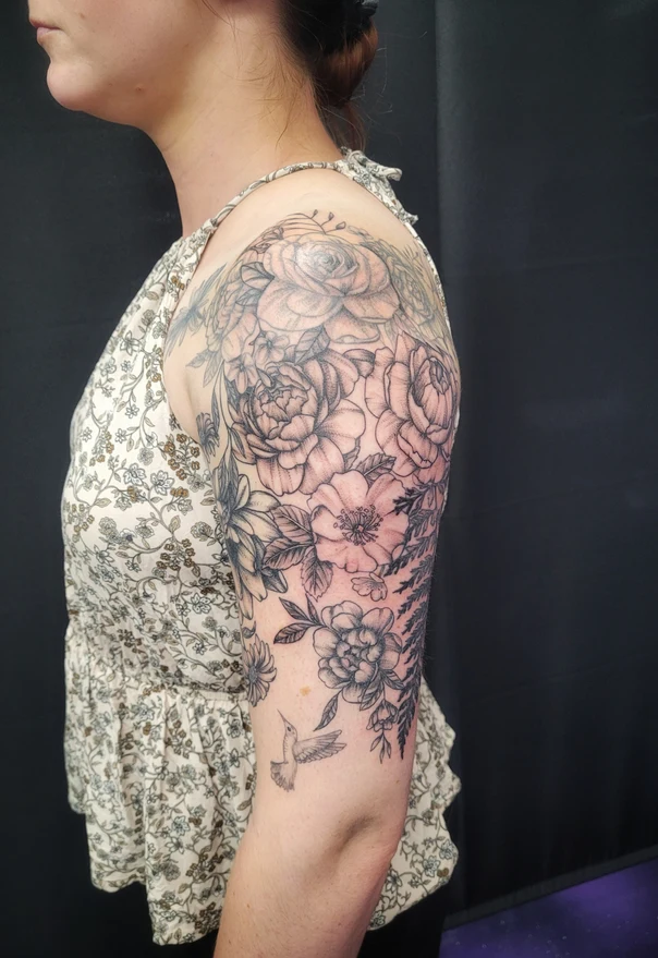 Illustrative Flowers, Hummingbird tattoo on Full Sleeve