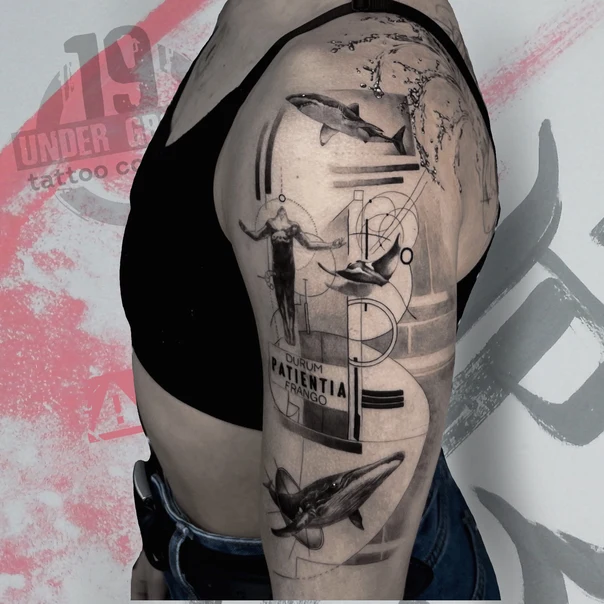 Иллюстративная Whale, Shark tattoo на Полный рукав