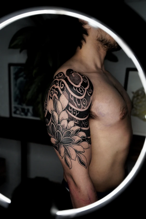 Blackwork Lotus, Abstract tattoo on Full Sleeve