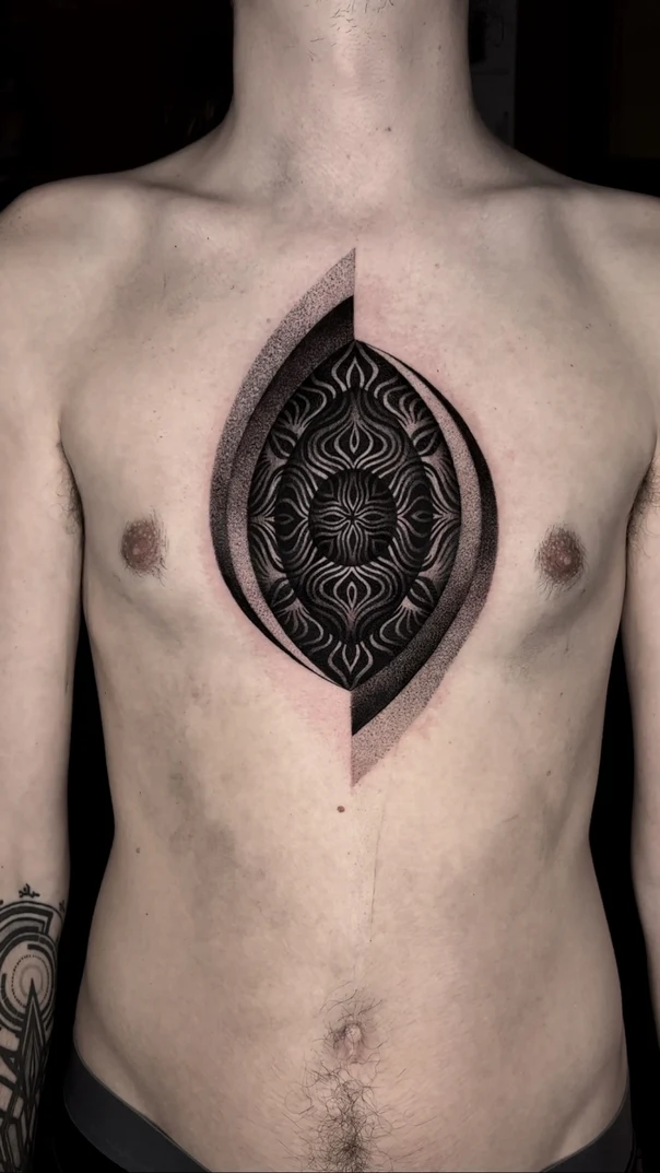 Blackwork Geometric, Mandala tattoo on Chest