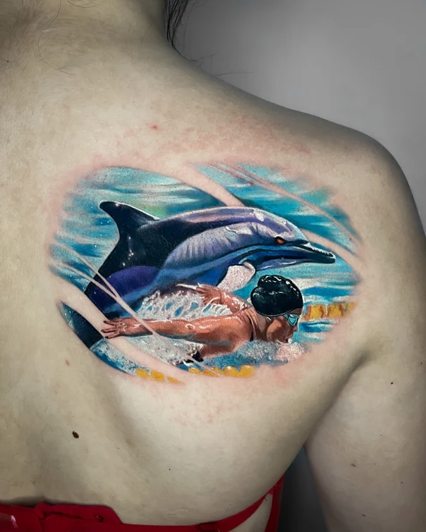 Realism Dolphin, Swimmer tattoo on Shoulder