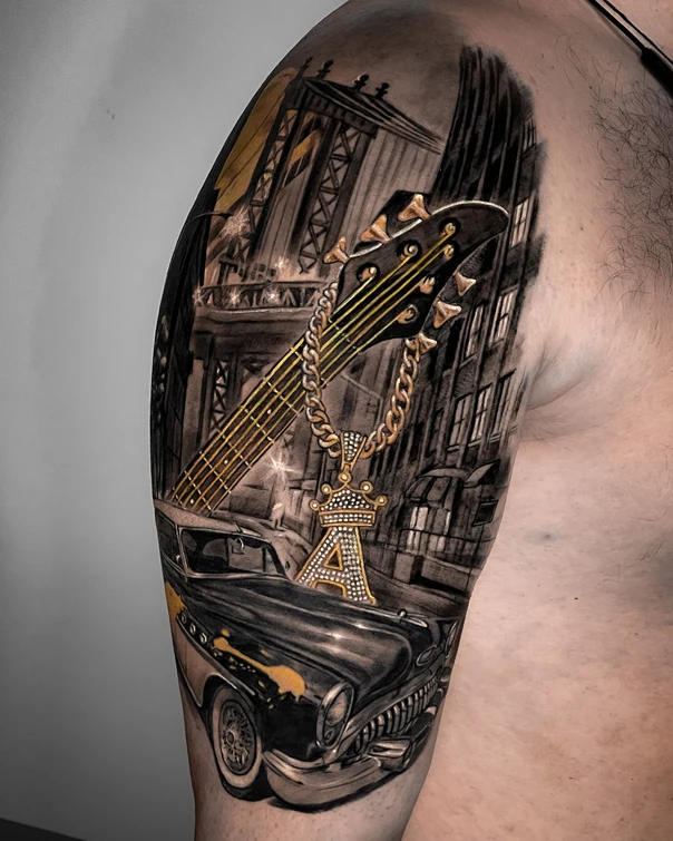 Реализм Guitar, Car tattoo на Плечо