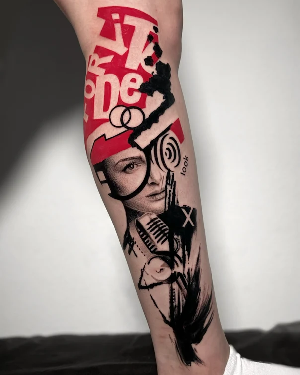 Collage Portrait, Typography tattoo on Forearm