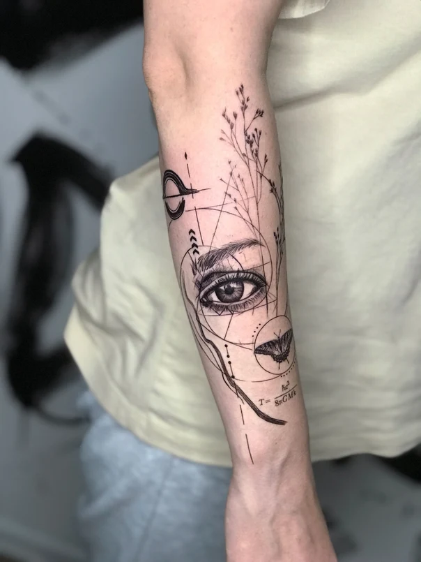 Файнлайн Eye, Butterfly tattoo на Предплечье
