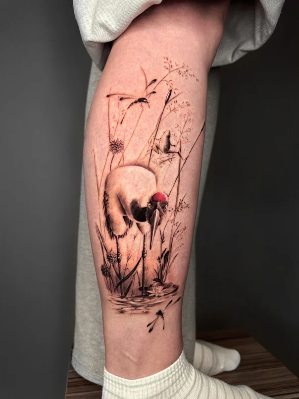 Иллюстративная Crane, Dragonfly tattoo на Икра