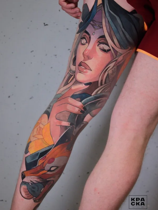 color illustrative 纹身 在 full leg #83274 | 纹身师 Анна Рубиросса