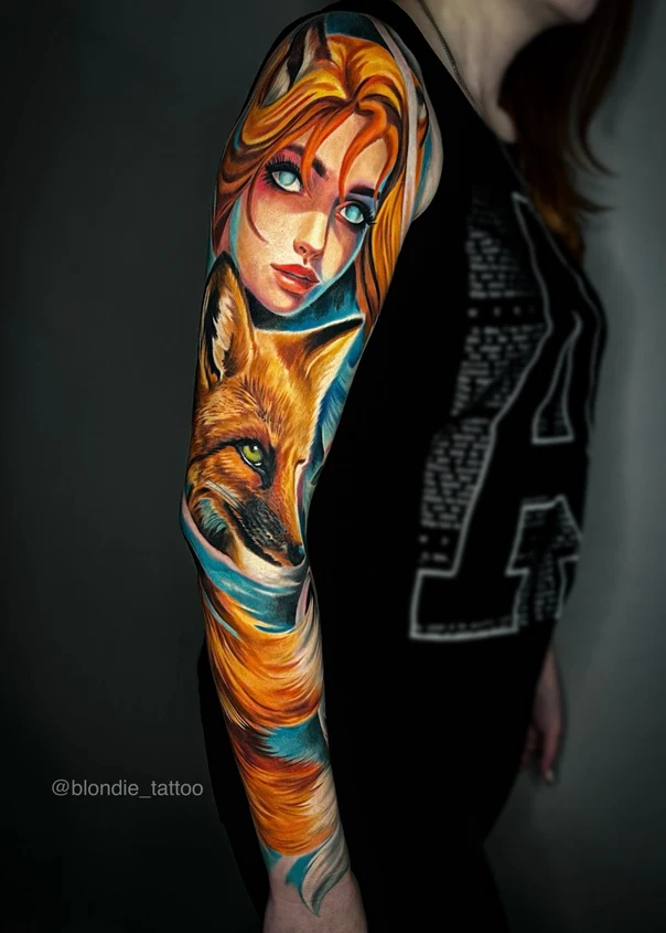 Realism Fox, Woman tattoo on Full Sleeve