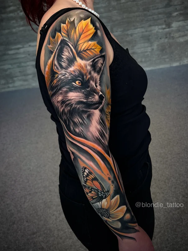 Realism Fox, Leaves tattoo on Full Sleeve