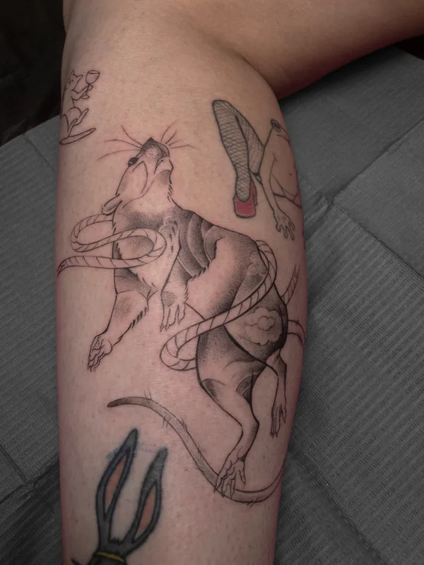 black and grey illustrative Tatuagem em calf #83393 | Tatuador Евгения Олефирова