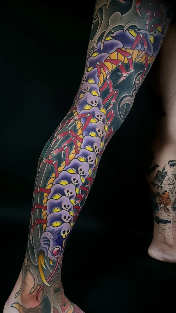 Japanese Centipede, Skull tattoo on Full leg