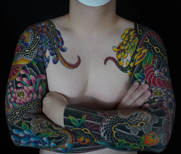 Japanese Snake, Flowers tattoo on Full Sleeve