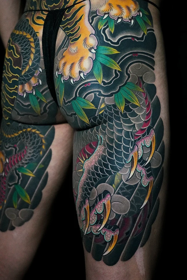 Japanese Dragon, Tiger tattoo on Full leg