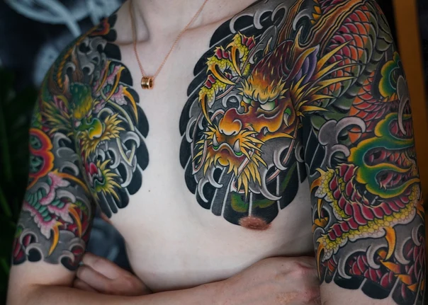 Japanese Dragon, Waves tattoo on Chest