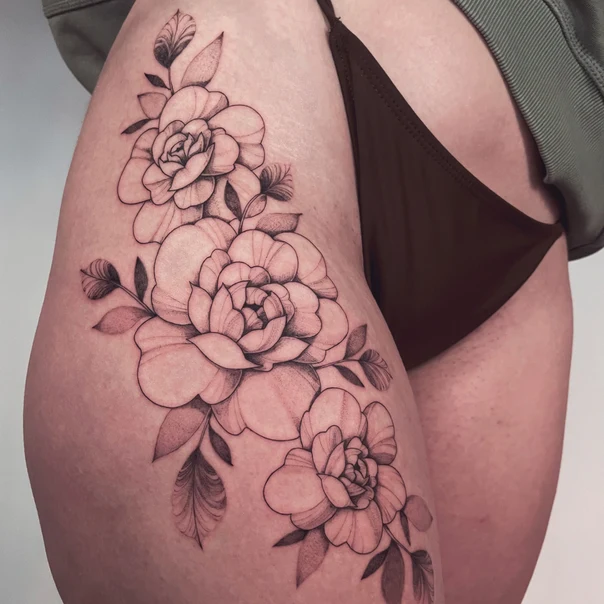Fineline Flowers, Leaves tattoo on Thigh