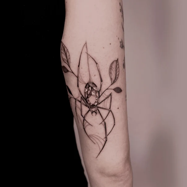 Linework Spider, Leaves tattoo on Forearm