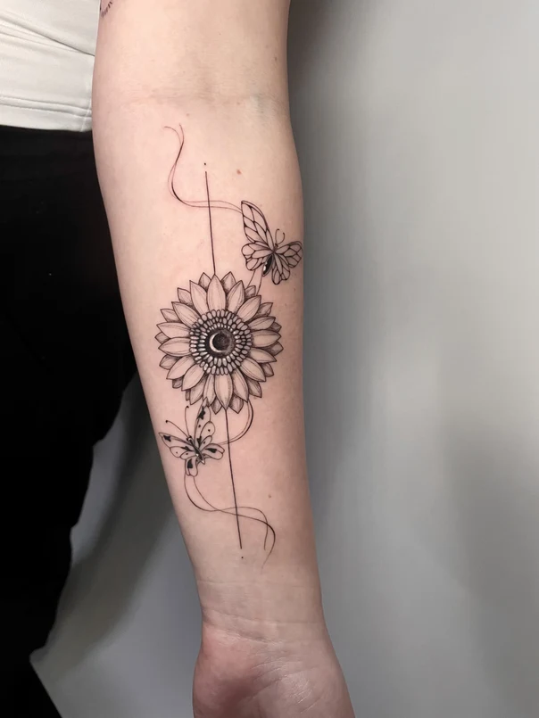 Fineline Sunflower, Butterfly tattoo on Forearm