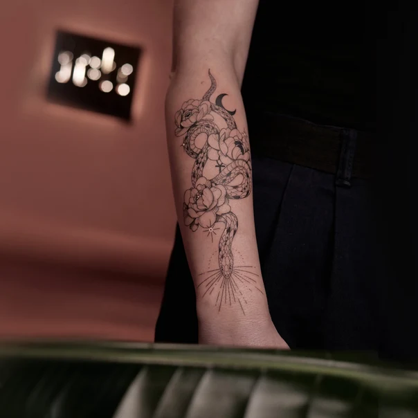 Linework Snake, Flowers tattoo on Forearm