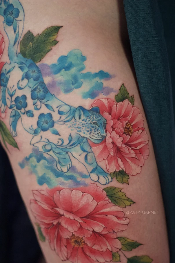 Акварель Leopard, Flower tattoo на Thigh