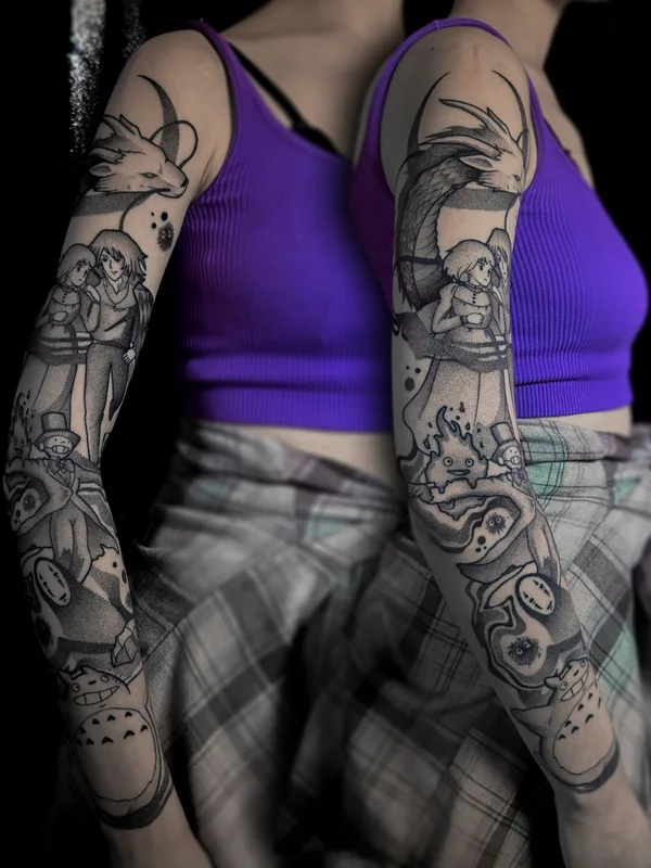 female blackandgrey graphic татуировка на sleeve #86500 | Тату мастер Artem Fomichev