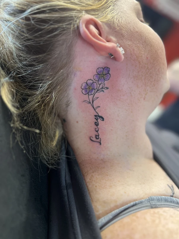 Fineline Flower, Lettering tattoo on Neck