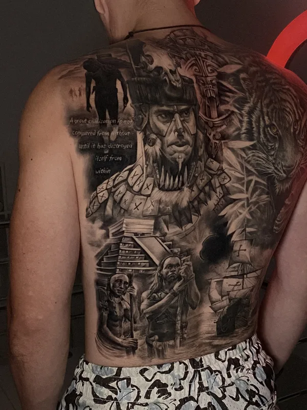 male blackandgrey realism tattoo on back #85290 | Tattoo Artist Mariia Agafonova