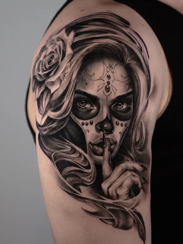 male blackandgrey portrait tattoo on shoulder #88218 | Tattoo Artist Mariia Agafonova