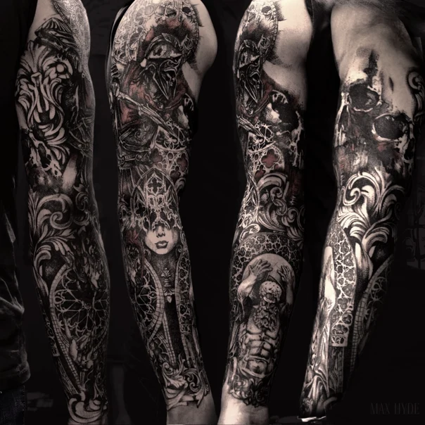 Чёрно-серая Skull, Figure tattoo на Полный рукав