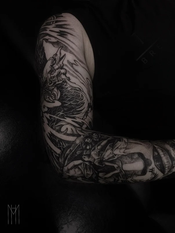Блэкворк Phoenix, Mythological tattoo на Полный рукав