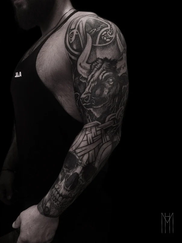 Black & Grey Bull, Skull tattoo on Full Sleeve