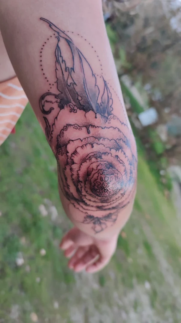 Blackwork Flower, Leaf tattoo on Elbow