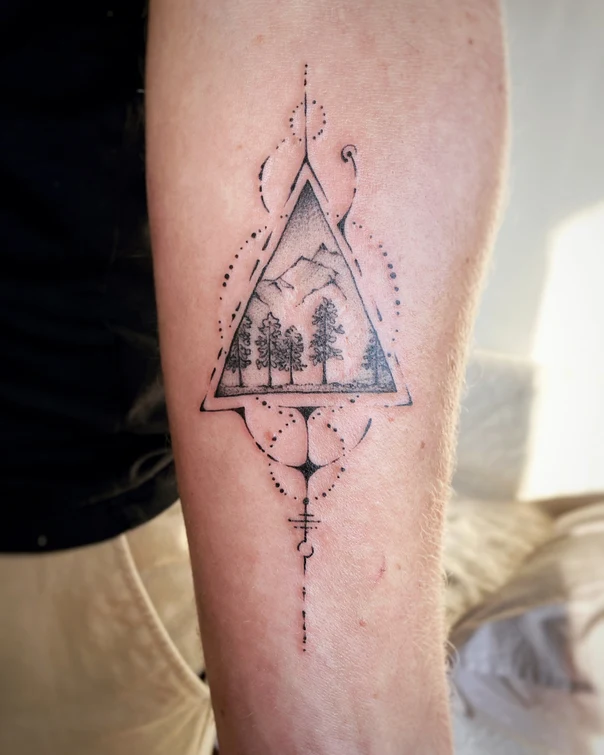 Geometric Mountain, Trees tattoo on Forearm