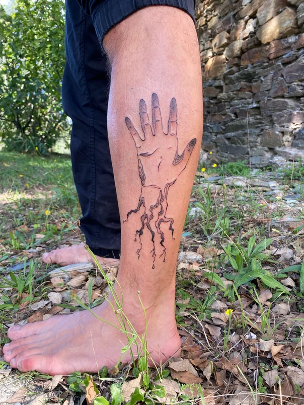Linework Hand, Tree tattoo on Calf