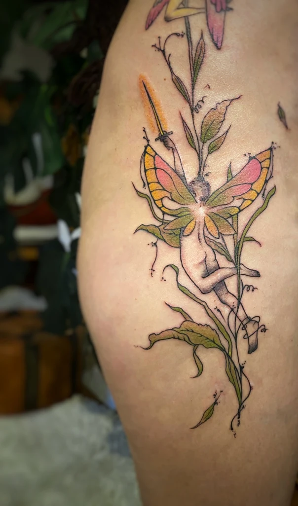 Illustrative Fairy, Flowers tattoo on Thigh