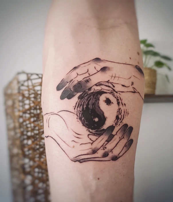 Linework Yin yang, Hands tattoo on Forearm