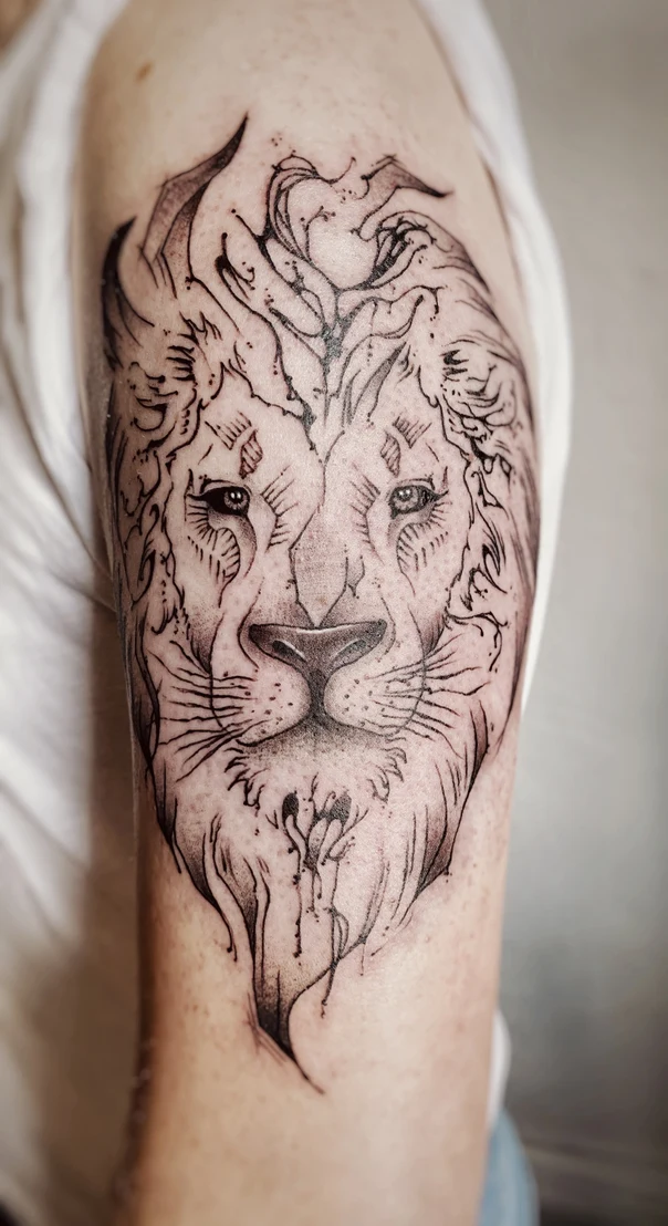 Blackwork Lion tattoo on Upper Arm