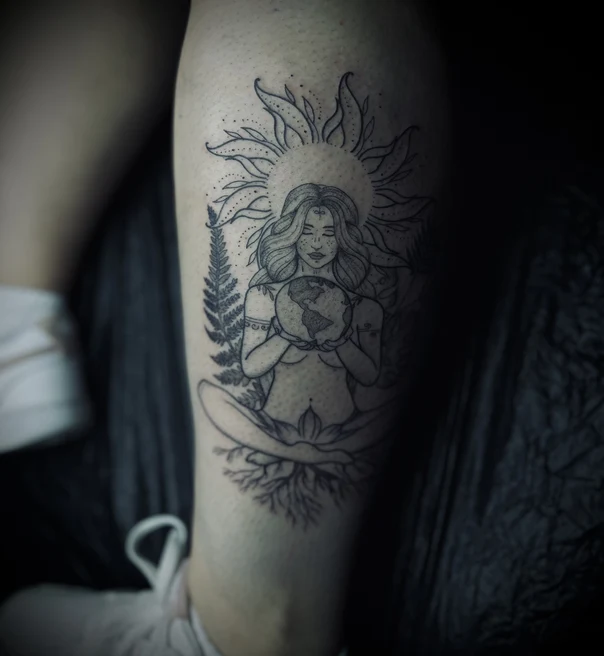 Linework Woman, Earth tattoo on Calf