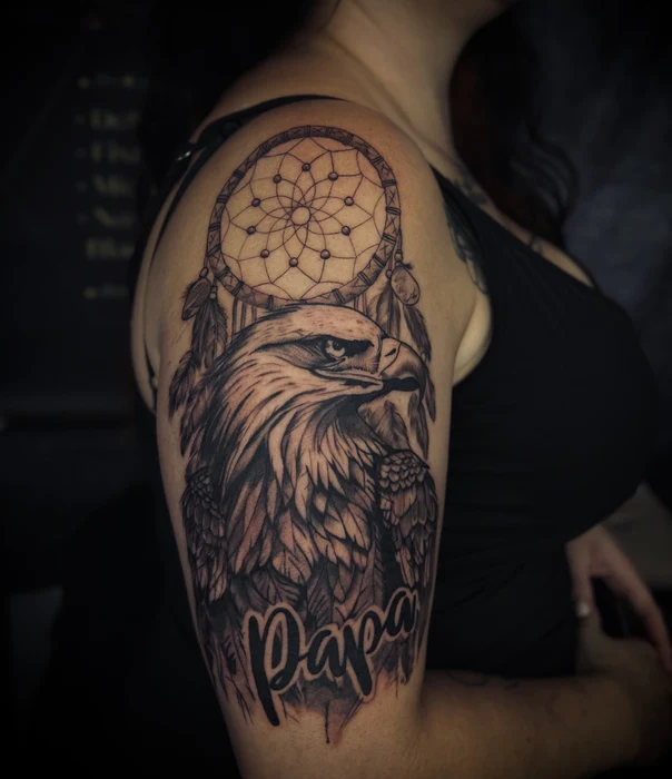 Black & Grey Eagle, Dreamcatcher tattoo on Upper Arm