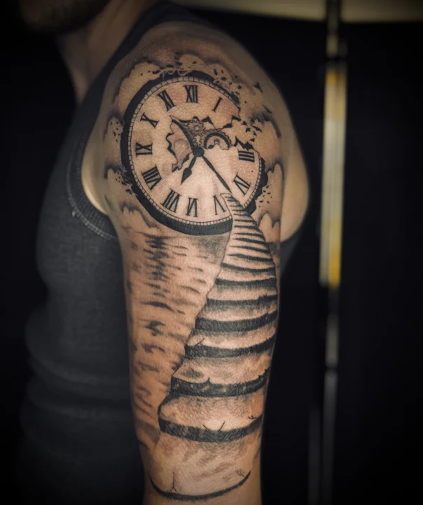 Realism Clock, Stairs tattoo on Shoulder