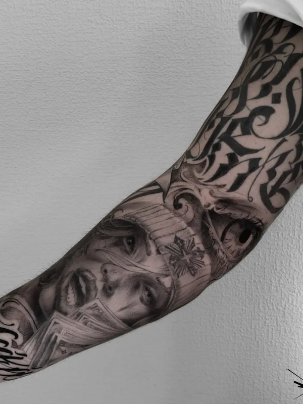 male blackandgrey chicano 纹身 在 sleeve #87589 | 纹身师 Redz Roman